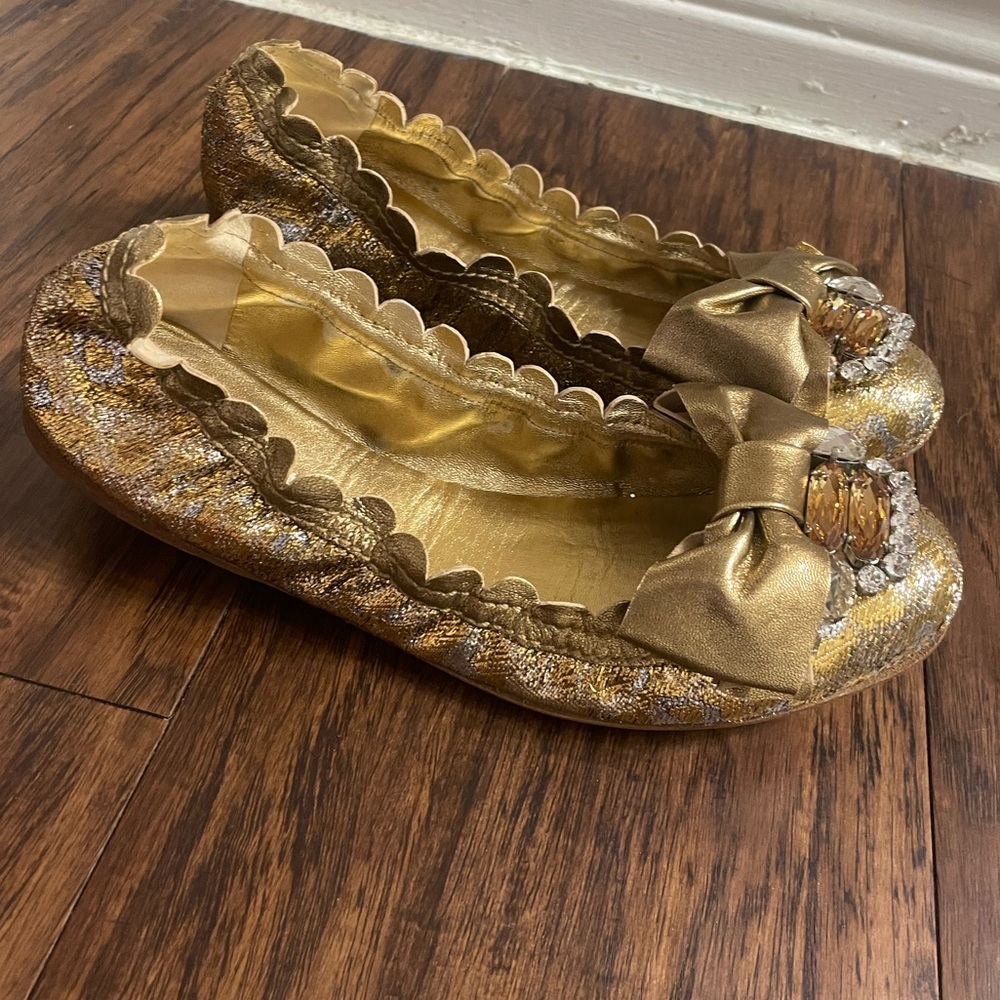 Miu Miu Metallic Gold Jeweled Bow Flats - Picture 4 of 6